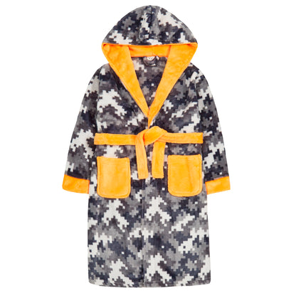 Boys Gaming Pixel Robe Kids Gamer Hooded Fleece Dressing Gown Bathrobe Housecoat