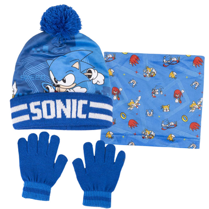 Sonic The Hedgehog Hat Gloves + Snood Set for Boys 3 Piece Winter Set Gift