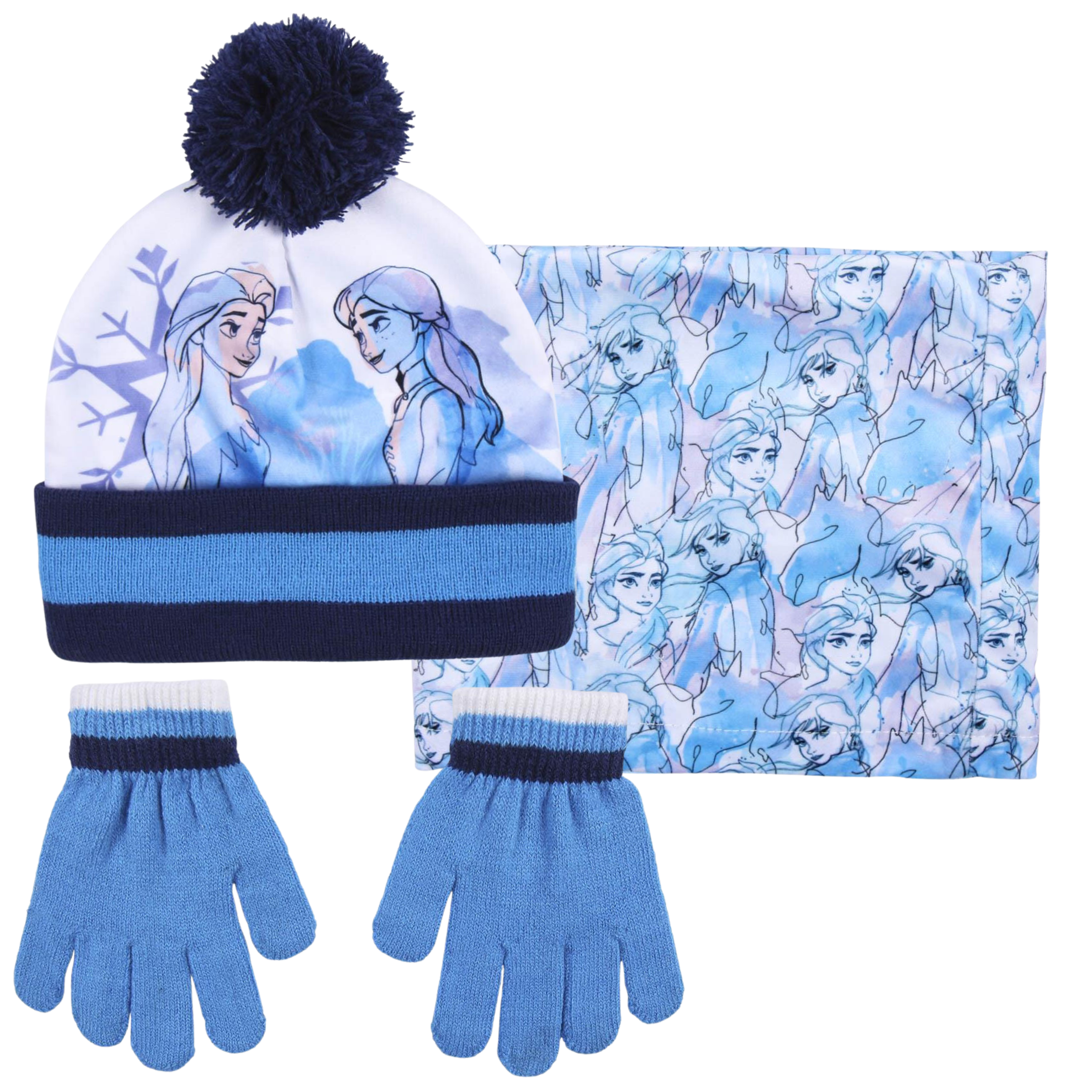 Disney Frozen 2 Bobble Hat  + Snood Scarf + Gloves Girls 3 Piece Winter Set