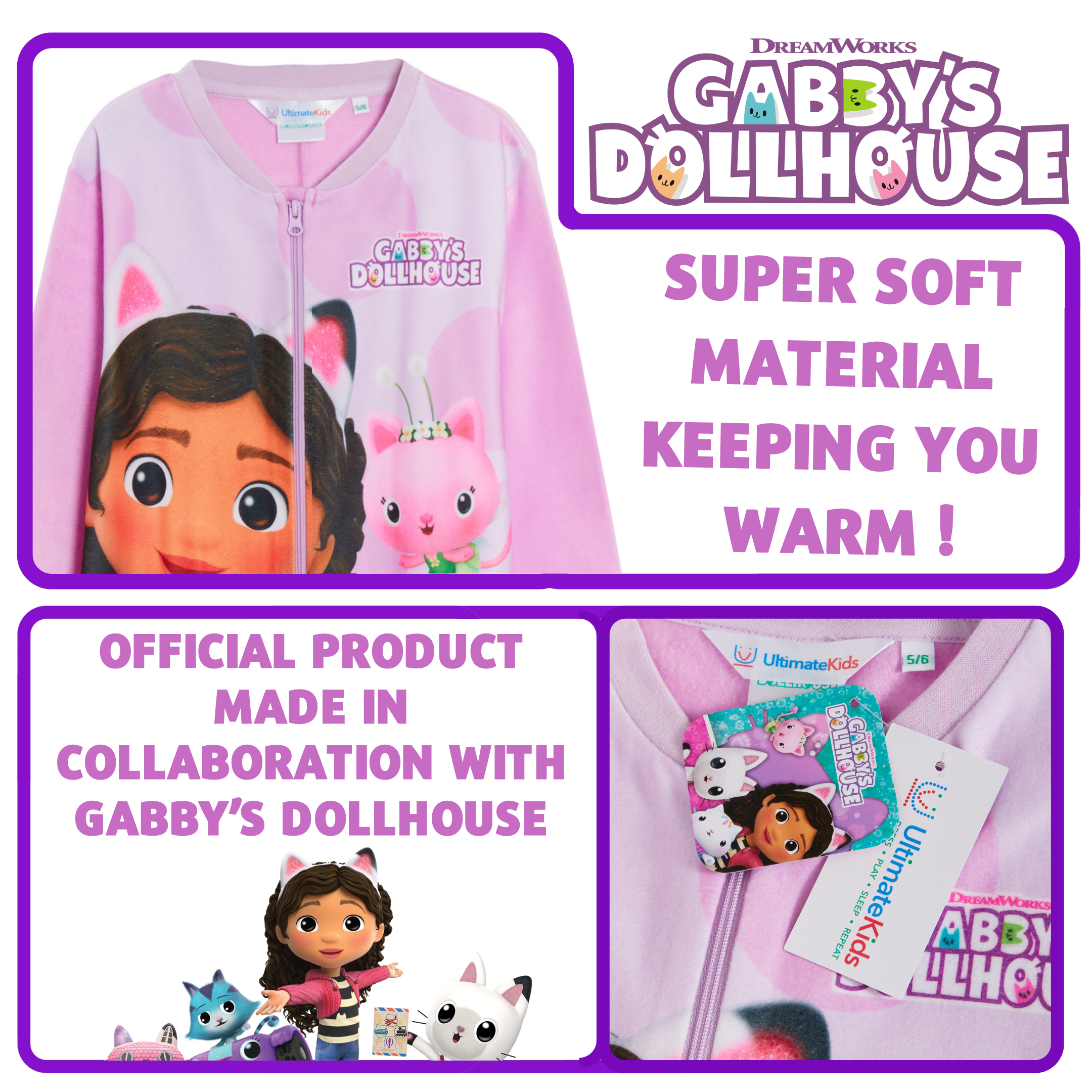 Gabby's Dollhouse Onesie All In One Girls Gabby Pyjamas Kids Fleece Pjs Warm Loungewear