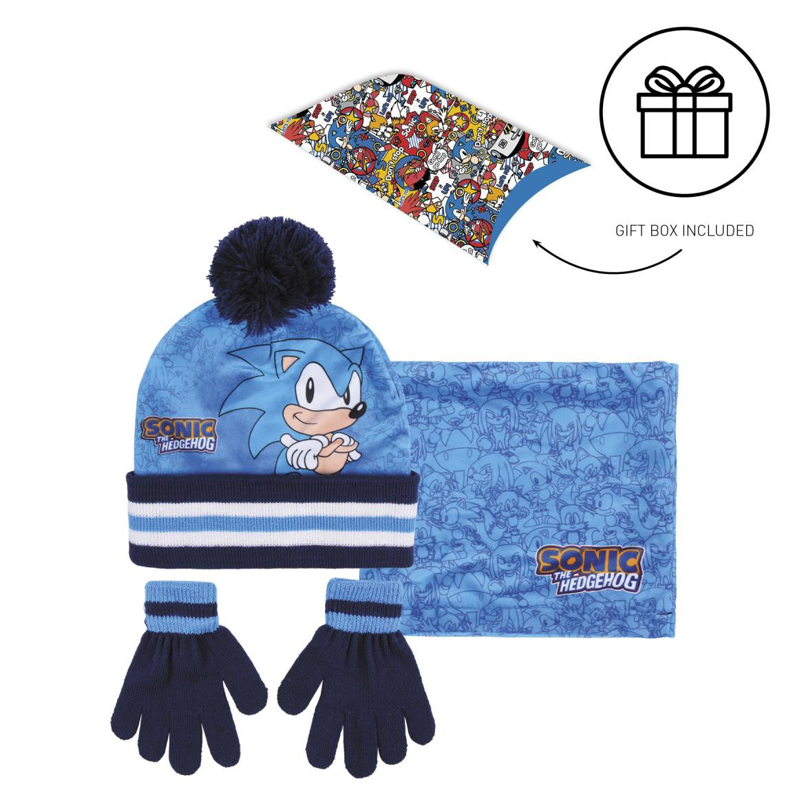 Sonic The Hedgehog Hat Gloves + Snood Set for Boys 3 Piece Winter Set Gift