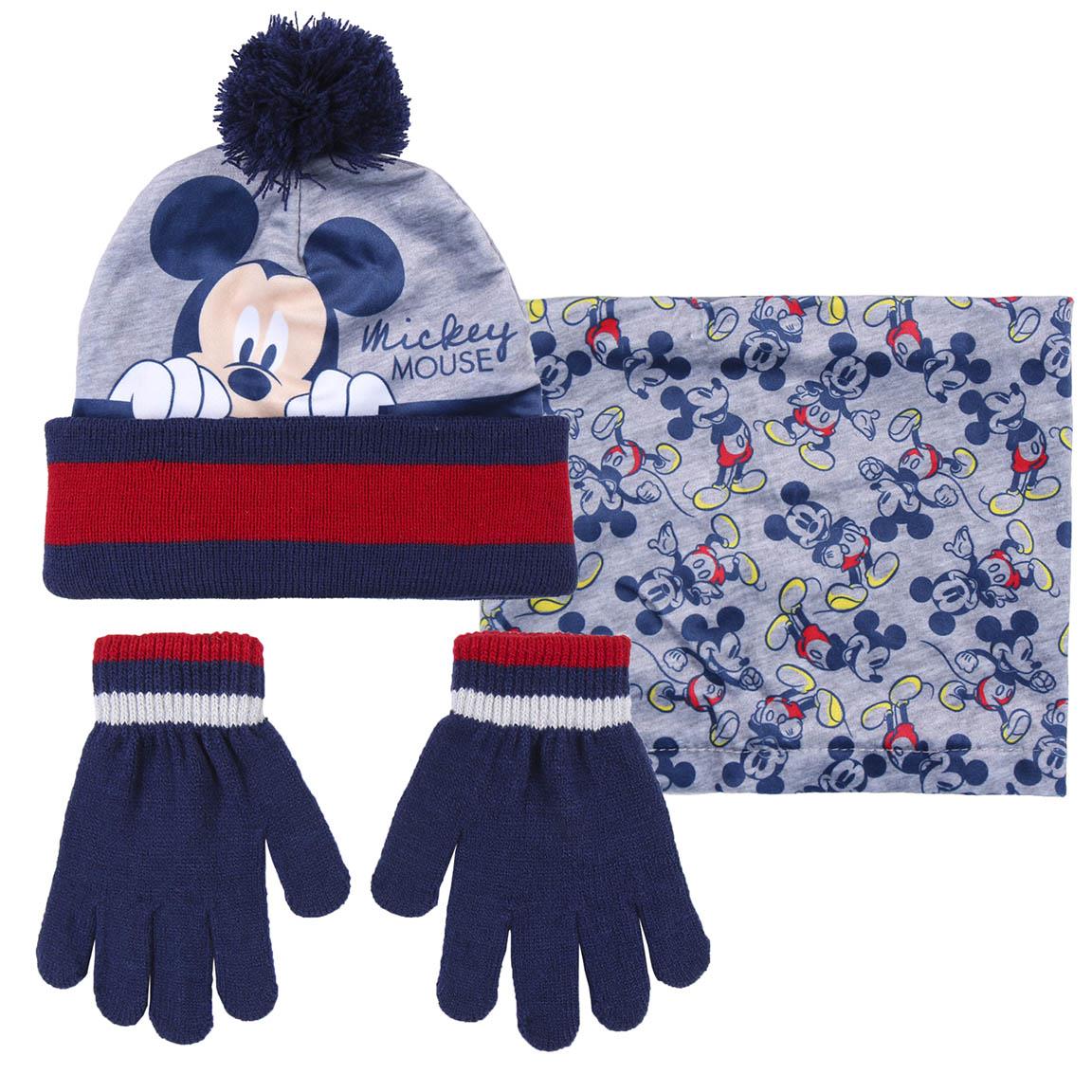 Boys Disney Mickey Mouse 3 Piece Winter Set Bobble Hat + Gloves + Snood Scarf
