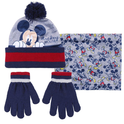 Boys Disney Mickey Mouse 3 Piece Winter Set Bobble Hat + Gloves + Snood Scarf