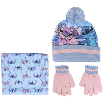Disney Stitch & Angel Bobble Hat Snood Scarf + Gloves Set Girls 3 Pc Winter Set