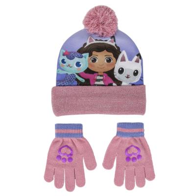 Girls Gabby's Dollhouse Bobble Hat + Gloves Winter Set Kids Gabbys 2 Piece Set