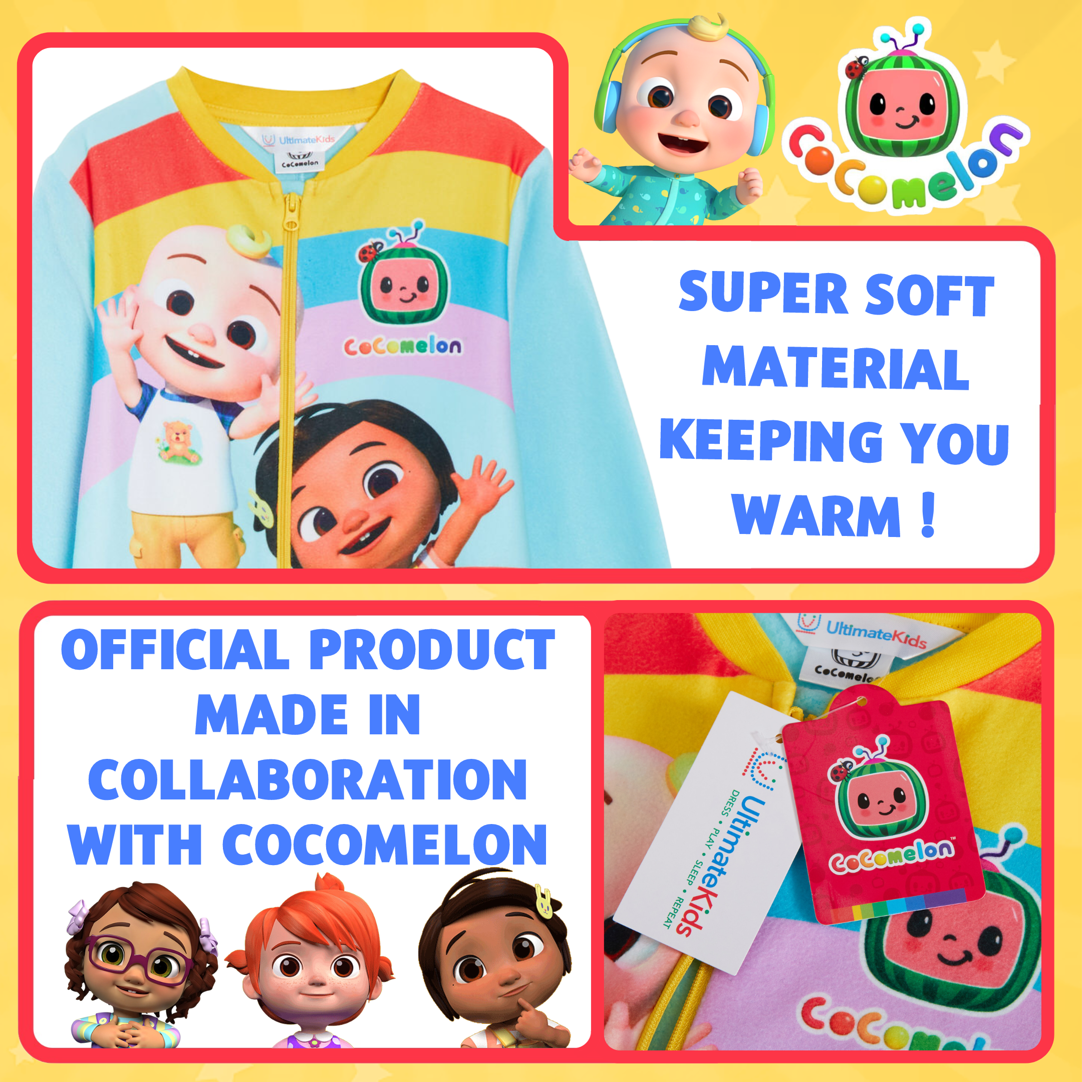 CoComelon All In One Pyjamas Boys Girls Fleece Pjs JJ Zipped Unisex Nightwear