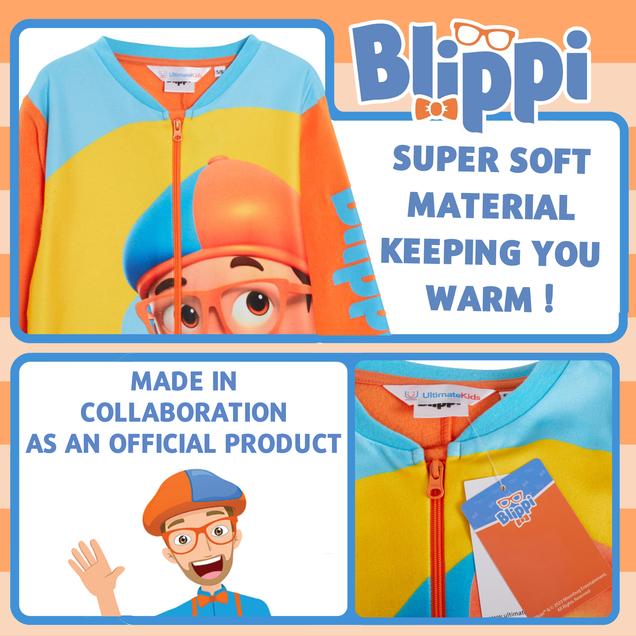 Kids Blippi All In One Boys Girls Fleece Pyjamas Matching Unisex Soft Warm PJs