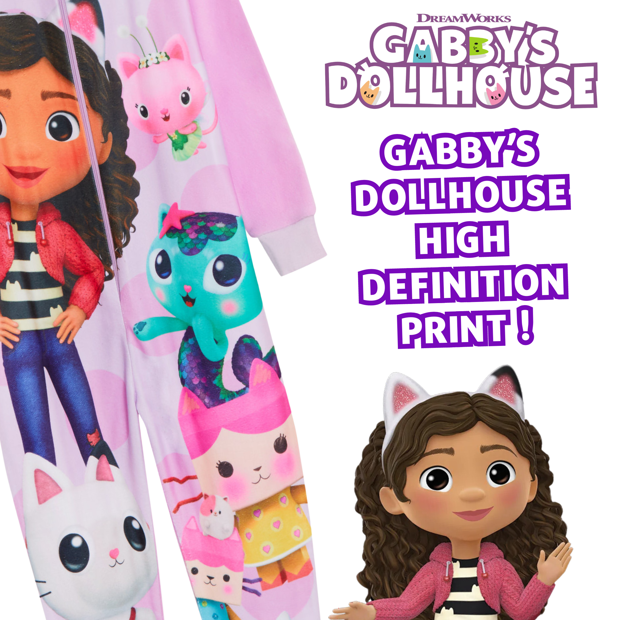 Gabby's Dollhouse Onesie All In One Girls Gabby Pyjamas Kids Fleece Pjs Warm Loungewear