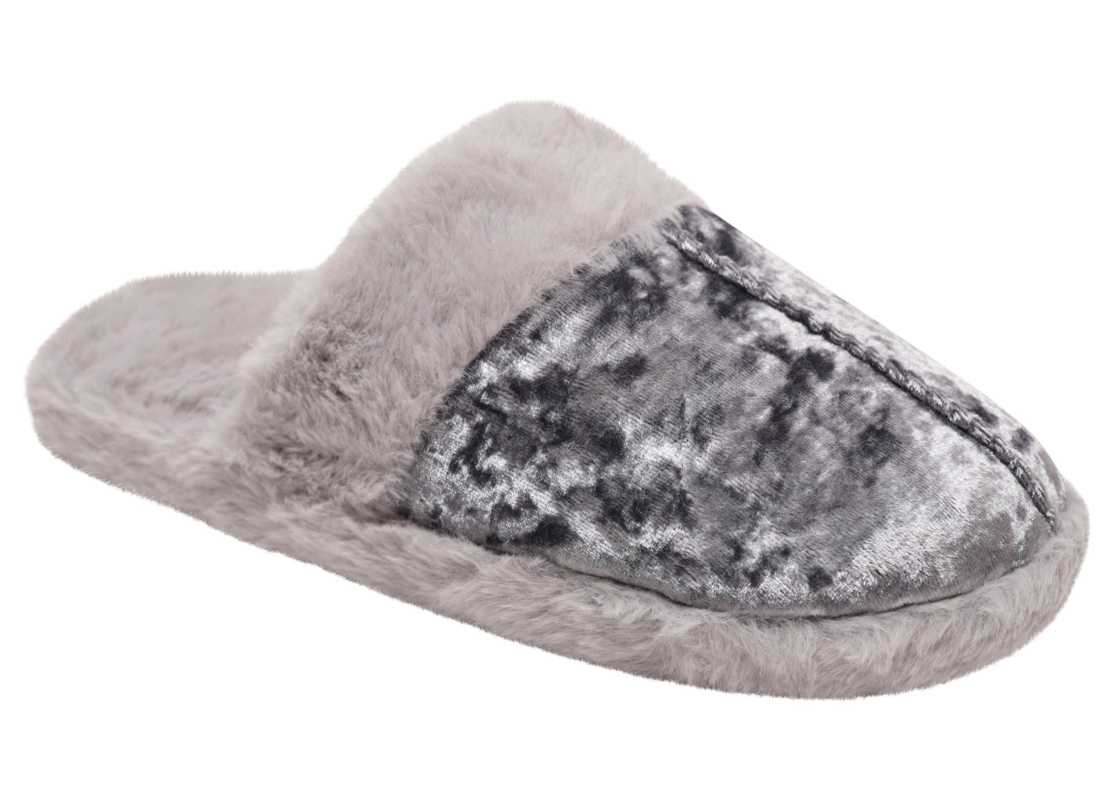 Womens Crushed Velvet Slippers Luxury Faux Fur Lined Ladies Grey Mules Shoes