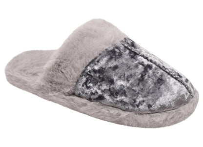 Womens Crushed Velvet Slippers Luxury Faux Fur Lined Ladies Grey Mules Shoes