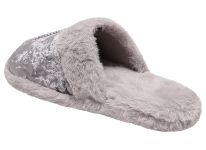 Womens Crushed Velvet Slippers Luxury Faux Fur Lined Ladies Grey Mules Shoes