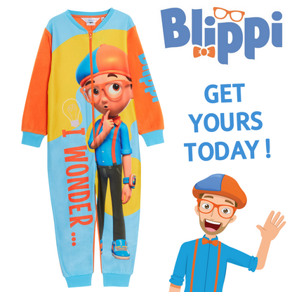 Kids Blippi All In One Boys Girls Fleece Pyjamas Matching Unisex Soft Warm PJs