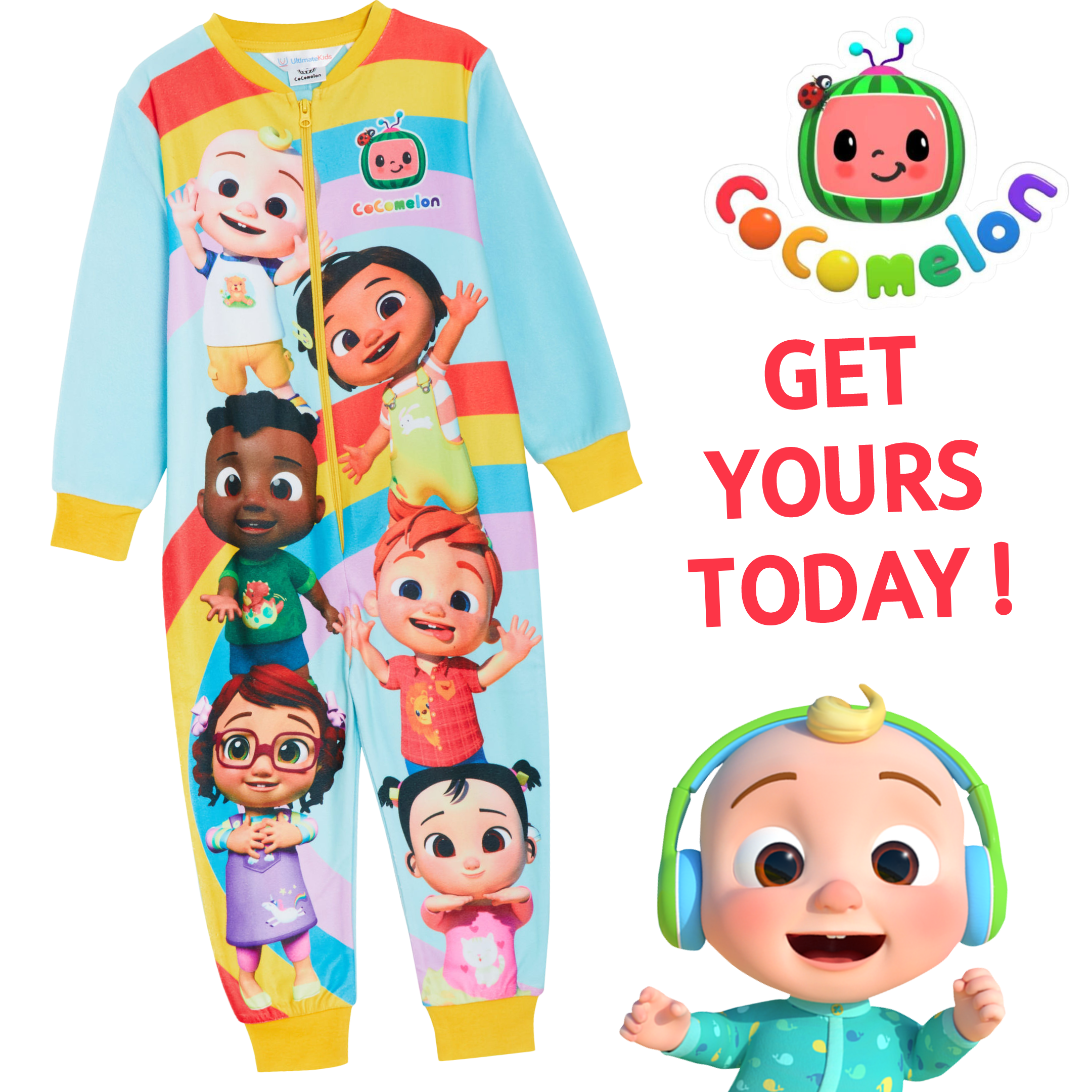 CoComelon All In One Pyjamas Boys Girls Fleece Pjs JJ Zipped Unisex Nightwear
