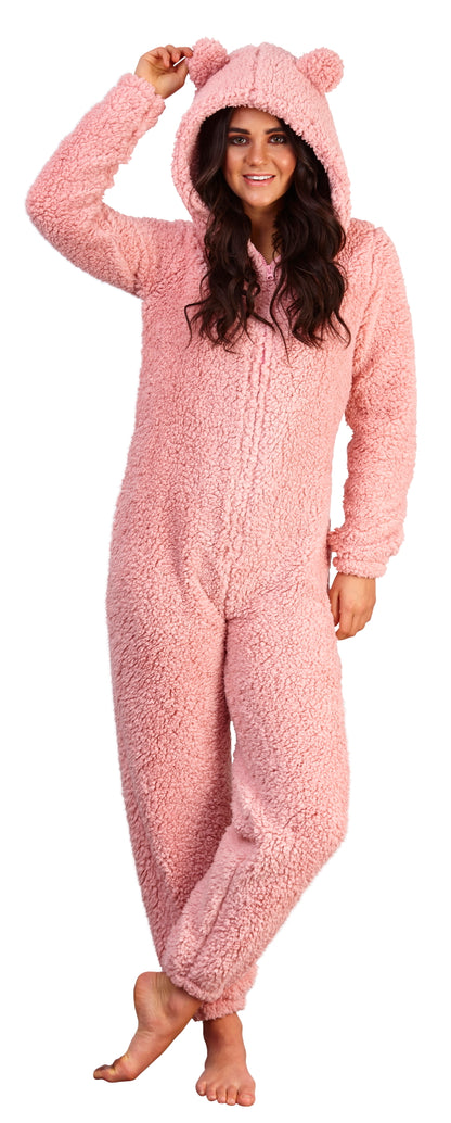 Womens Teddy Bear All In One Luxury 3D Character Novelty Sherpa Fleece Hooded Pjs