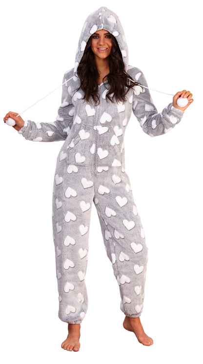 Womens Luxury Heart Print All In One Novelty Fleece Hooded Ladies Pjs 1Onesie