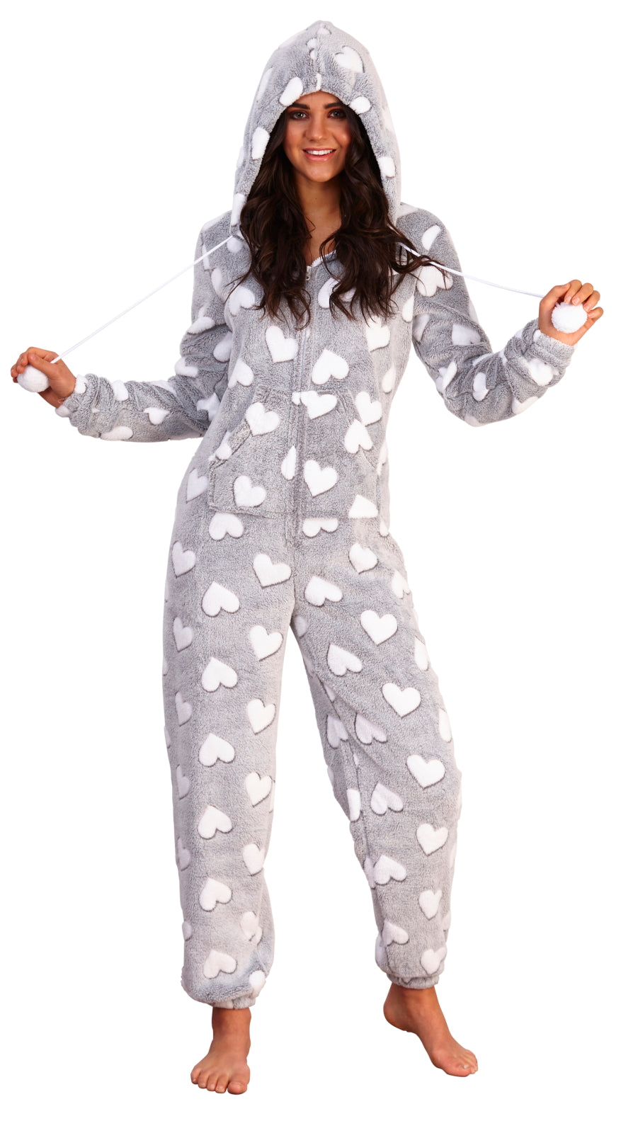 Womens Luxury Heart Print All In One Novelty Fleece Hooded Ladies Pjs 1Onesie