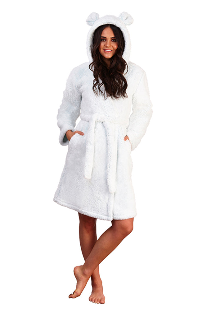Womens Luxury Sherpa Teddy Bear Dressing Gown 3D Hooded Robe Ladies Housecoat