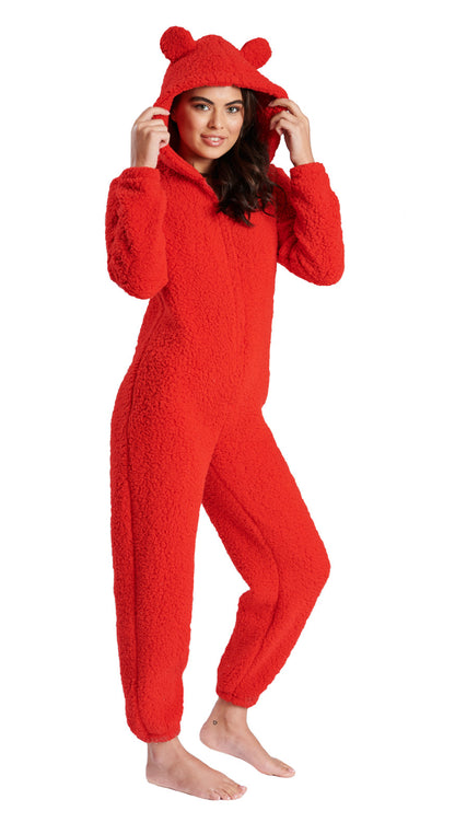 Womens Teddy Bear All In One Luxury 3D Character Novelty Sherpa Fleece Hooded Pjs