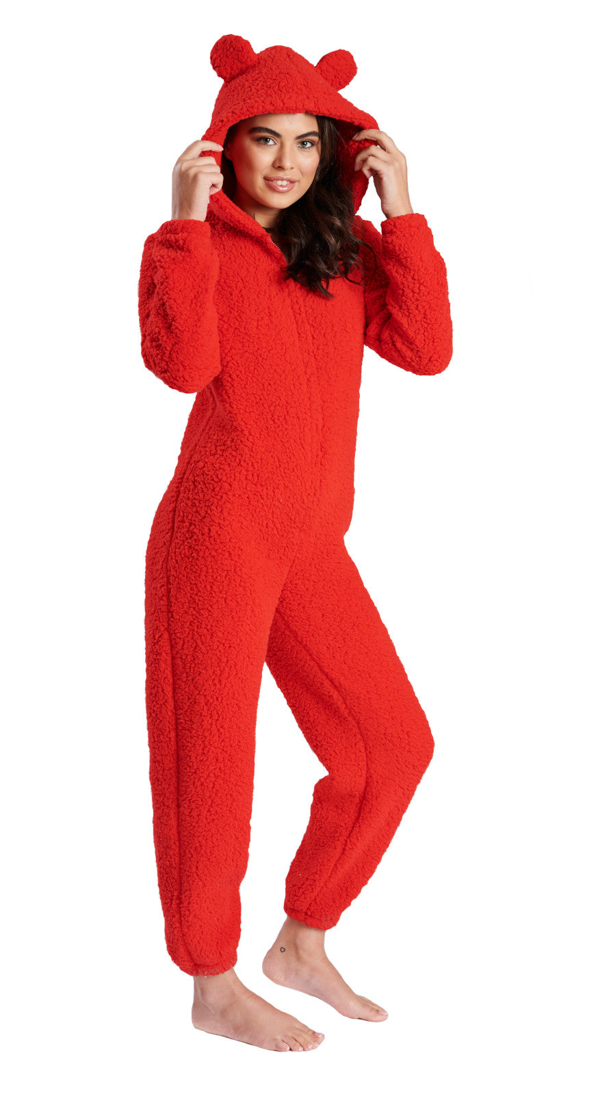 Womens Teddy Bear All In One Luxury 3D Character Novelty Sherpa Fleece Hooded Pjs