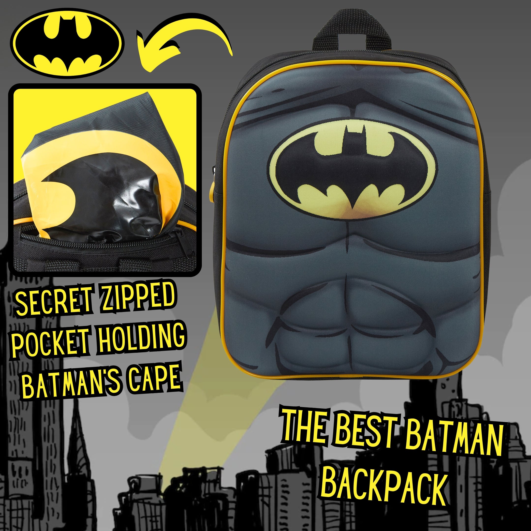 Boys Batman 3D Backpack With Cape in Pocket Kids Dress Up Costume Rucksack Bag