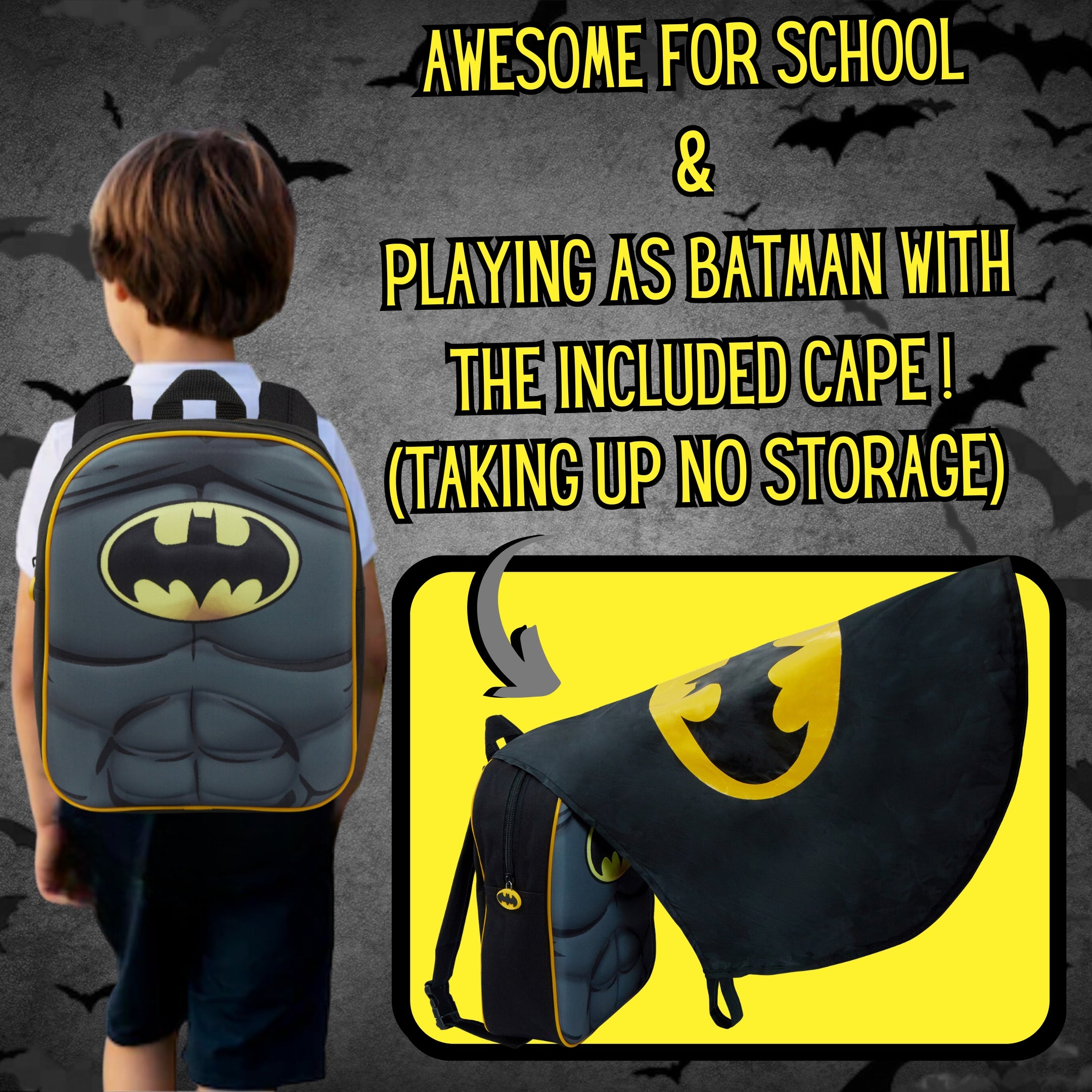 Boys Batman 3D Backpack With Cape in Pocket Kids Dress Up Costume Rucksack Bag