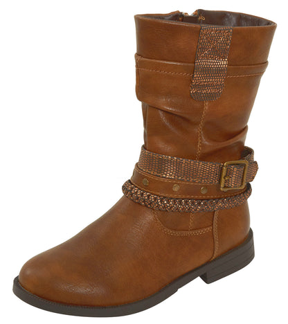 Girls Faux Leather Boots Tan Brown Mid Calf Kids Warm Lined Cowboy Biker Slouch