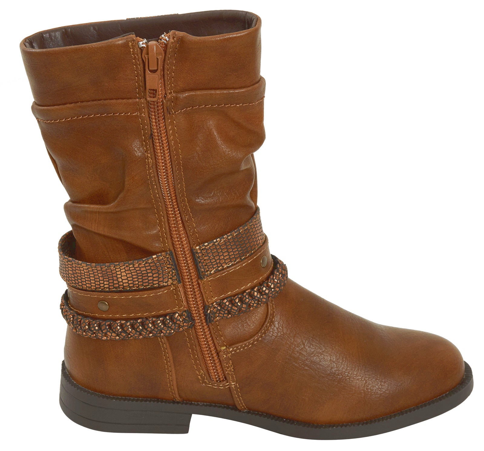 Girls Faux Leather Boots Tan Brown Mid Calf Kids Warm Lined Cowboy Biker Slouch