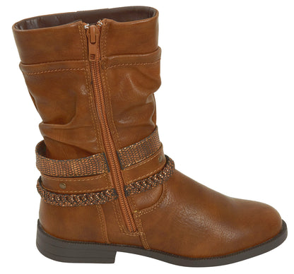 Girls Faux Leather Boots Tan Brown Mid Calf Kids Warm Lined Cowboy Biker Slouch