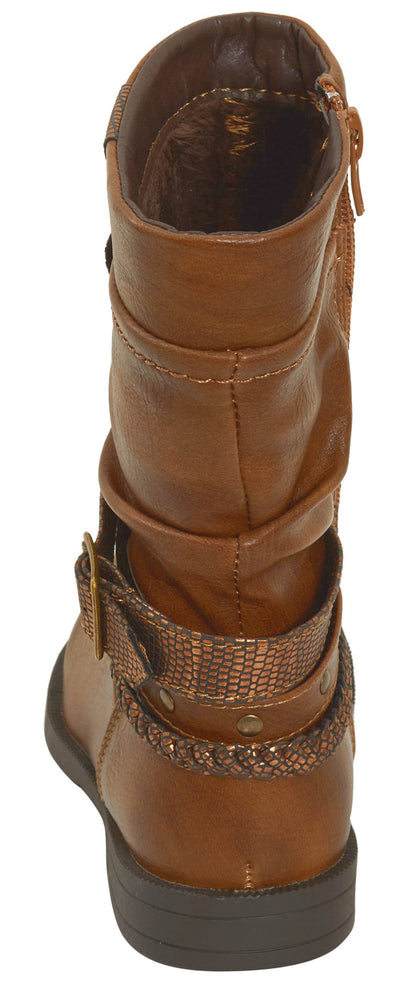 Girls Faux Leather Boots Tan Brown Mid Calf Kids Warm Lined Cowboy Biker Slouch