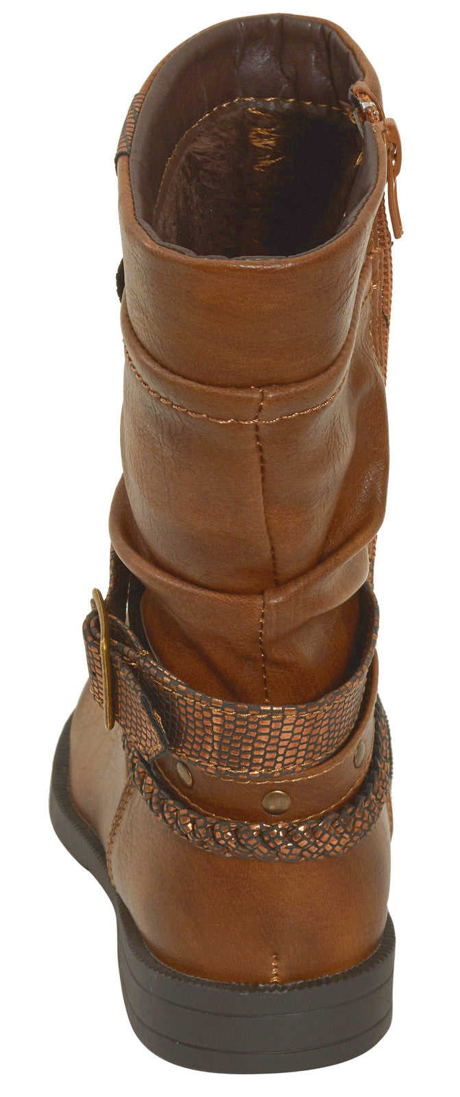 Girls Faux Leather Boots Tan Brown Mid Calf Kids Warm Lined Cowboy Biker Slouch