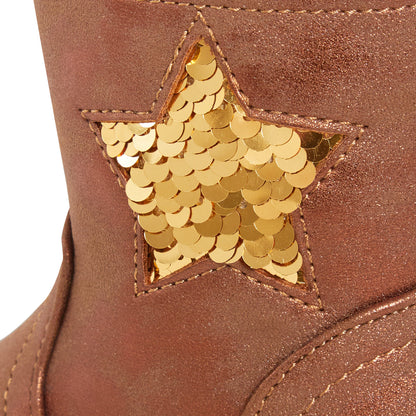 Girls Sequin Star Ankle Boots Kids Infants Flat Winter Shoes Zip Fastening Size