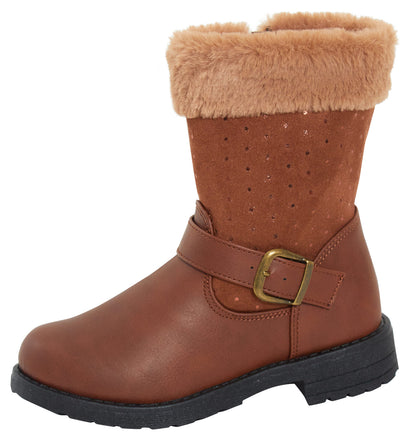 Girls Mid Calf Fur Trim Boots Kids Zip Fastening Biker Flat Boots Winter Shoes