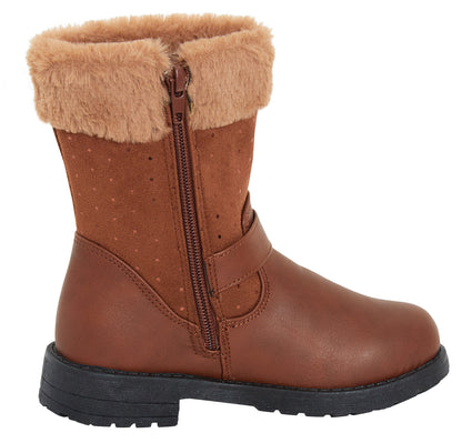 Girls Mid Calf Fur Trim Boots Kids Zip Fastening Biker Flat Boots Winter Shoes