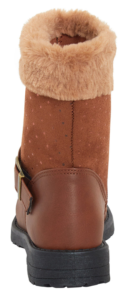 Girls Mid Calf Fur Trim Boots Kids Zip Fastening Biker Flat Boots Winter Shoes