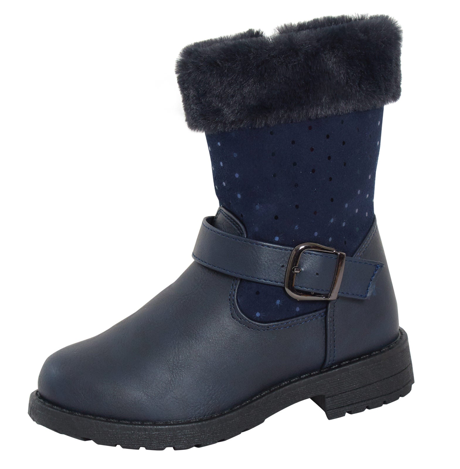 Girls Mid Calf Fur Trim Boots Kids Zip Fastening Biker Flat Boots Winter Shoes