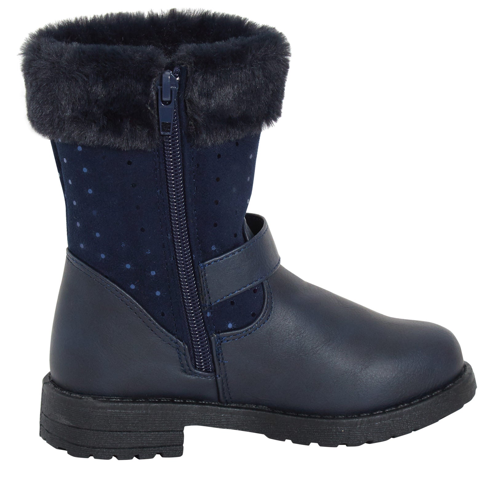 Girls Mid Calf Fur Trim Boots Kids Zip Fastening Biker Flat Boots Winter Shoes