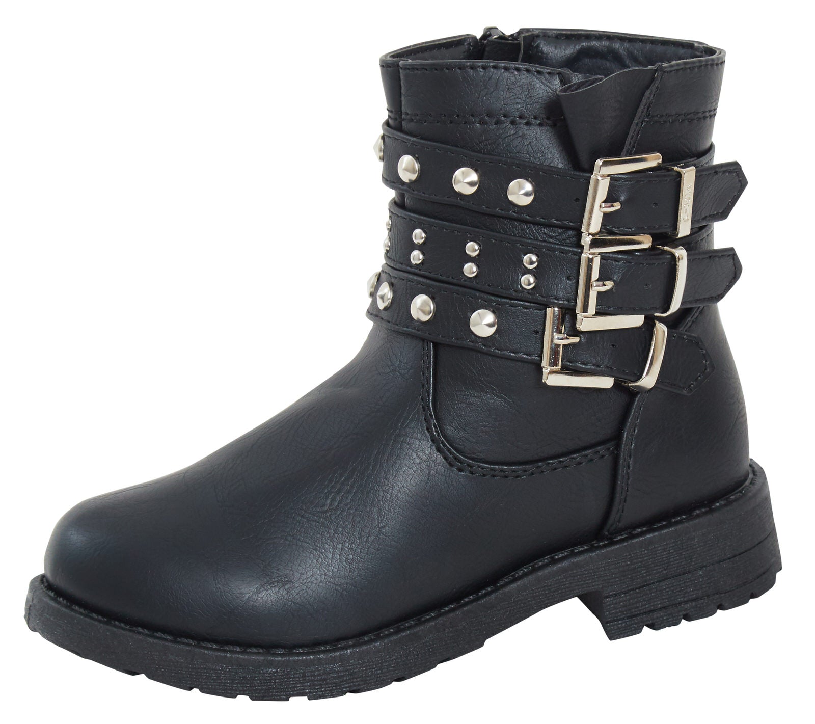 Girls Mid Calf Studded Buckle Biker Boots Older Kids Zip Fastening Winter Shoes