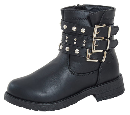 Girls Mid Calf Studded Buckle Biker Boots Older Kids Zip Fastening Winter Shoes