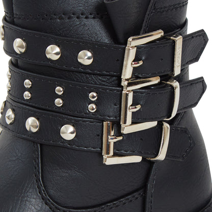 Girls Mid Calf Studded Buckle Biker Boots Older Kids Zip Fastening Winter Shoes