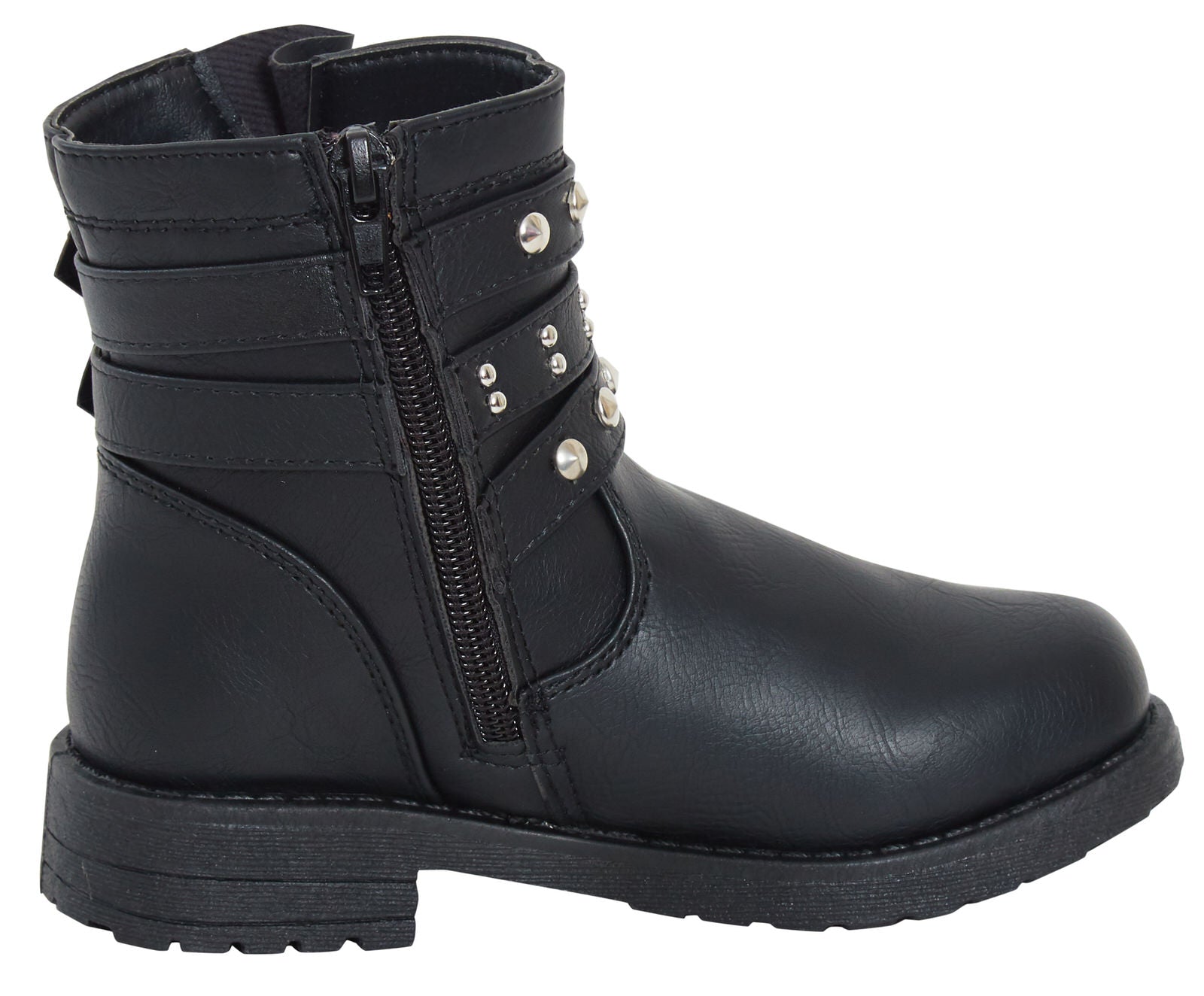 Girls Mid Calf Studded Buckle Biker Boots Older Kids Zip Fastening Winter Shoes