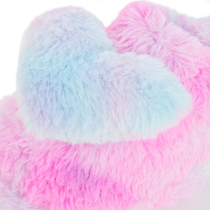 Girls Rainbow Heart Slippers Kids Slip On Mules Open Back Faux Fur House Shoes
