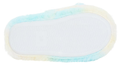 Girls Rainbow Heart Slippers Kids Slip On Mules Open Back Faux Fur House Shoes