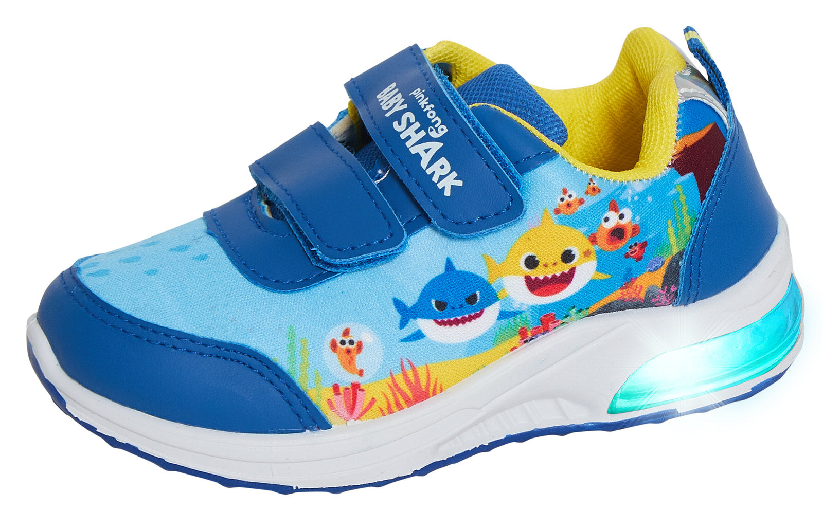 Boys Baby Shark Light Up Sports Trainers Kids Easy Fasten Skate Shoes Blue Pumps