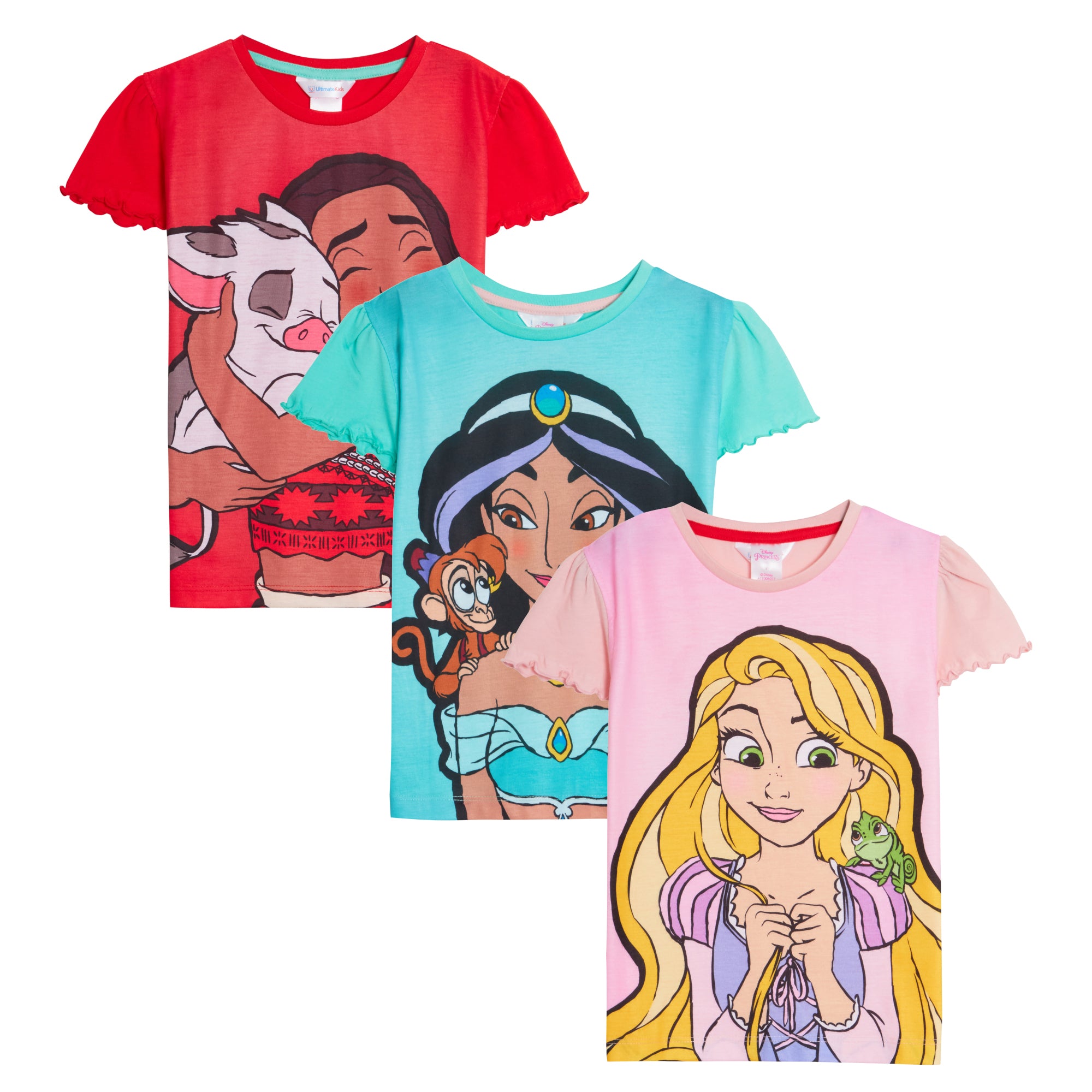 Girls 3 Pack Disney Princess T-Shirts Kids Jasmine Moana Rapunzel Dress Up Top