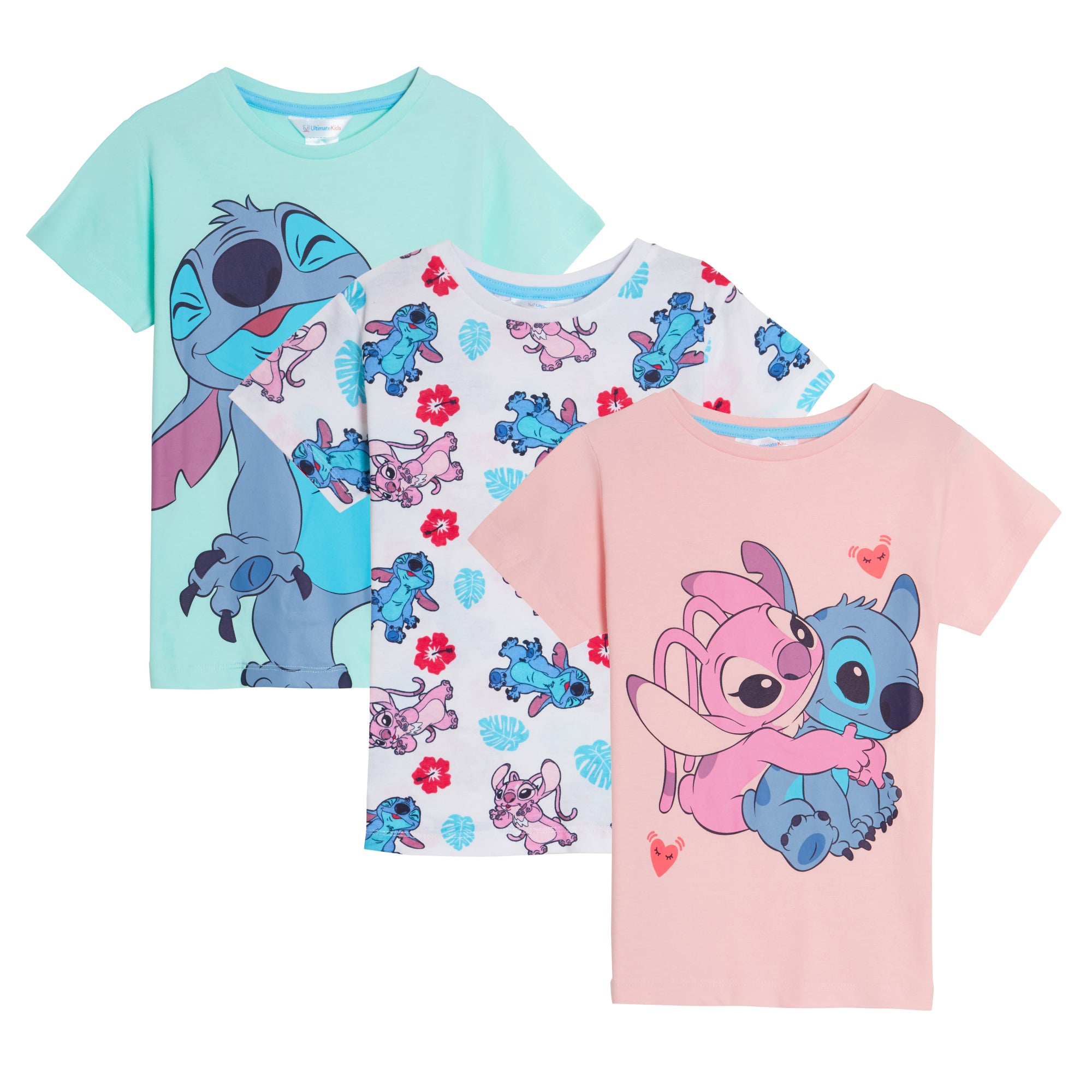 Girls 3 Pack Lilo & Stitch T-Shirts Disney Angel Summer Tops Short Sleeve Tees