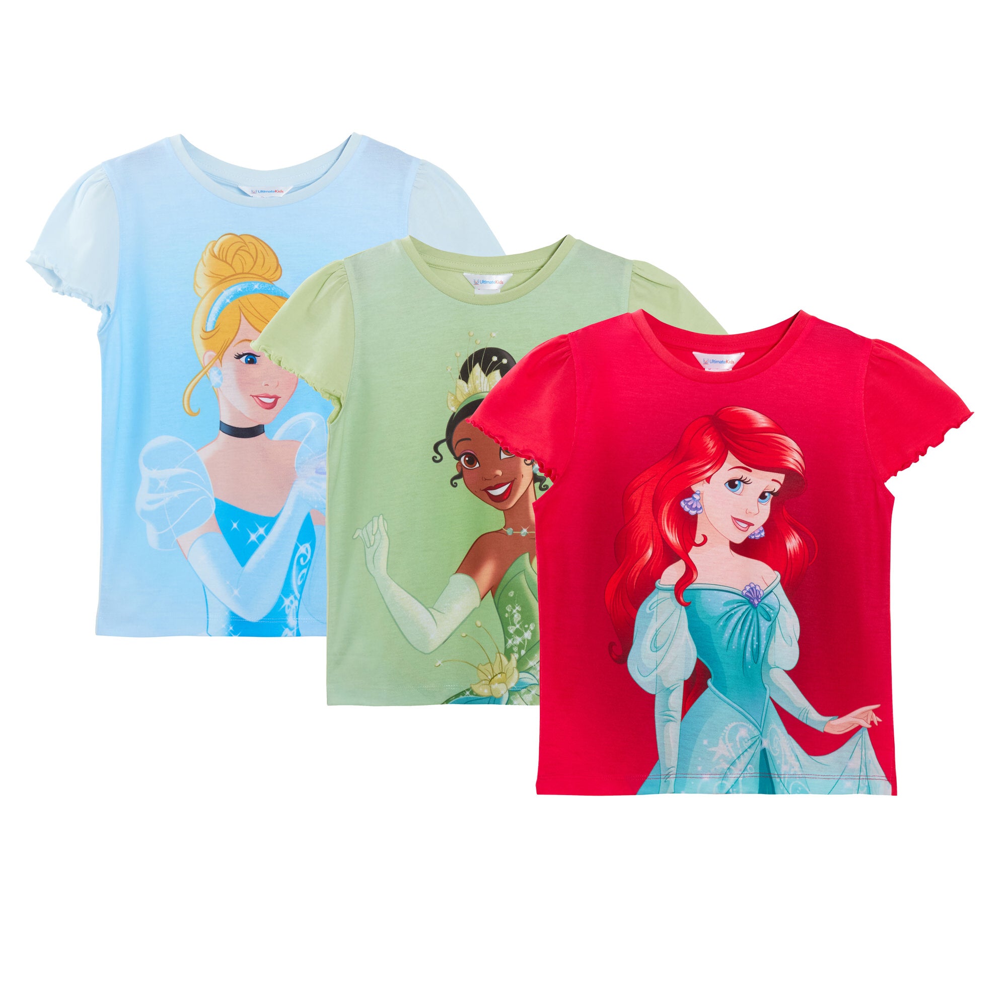 Girls 3 Pack Disney Princess T-Shirts Kids Ariel Tiana Cinderella  Dress Up Tops