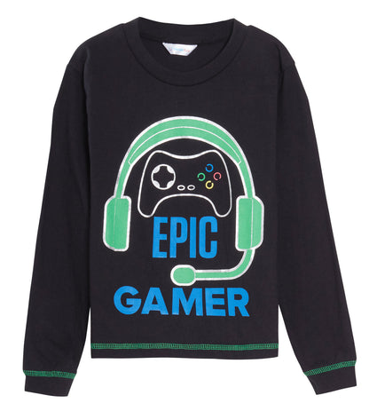 Epic Gamer Pyjamas Boys Gaming Pjs Headset Controller Black T-Shirt Lounge Pants
