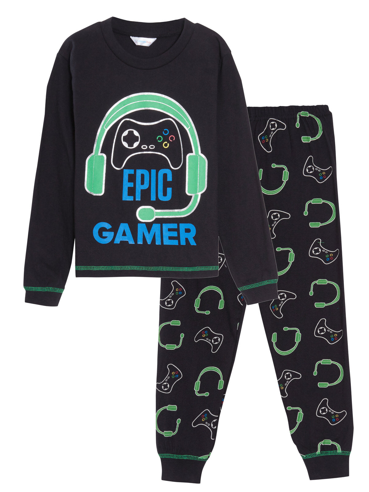 Epic Gamer Pyjamas Boys Gaming Pjs Headset Controller Black T-Shirt Lounge Pants