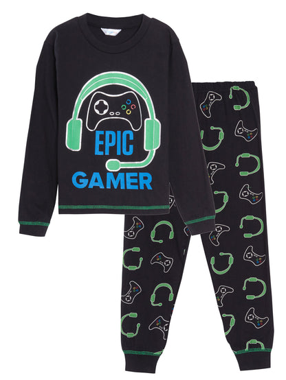 Epic Gamer Pyjamas Boys Gaming Pjs Headset Controller Black T-Shirt Lounge Pants