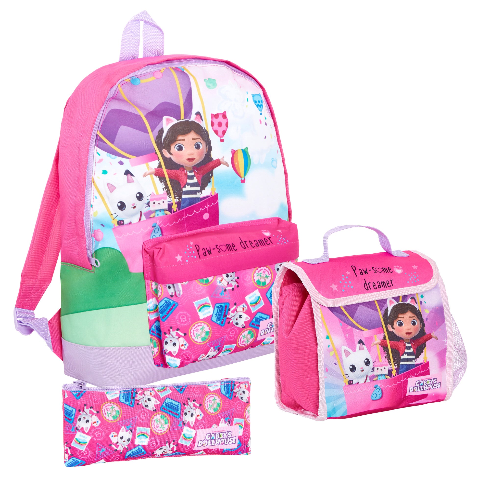 Gabbys Dollhouse Backpack + Lunch Bag + Pencil Case Girls 3 Piece School Bag Set